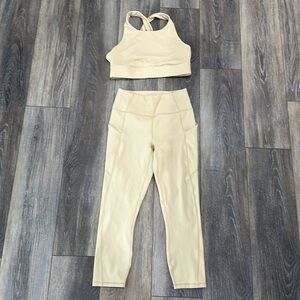 7/8 New Fabletics Cream/Tan Pants + Crop Sports Bra Set NWOT - Small